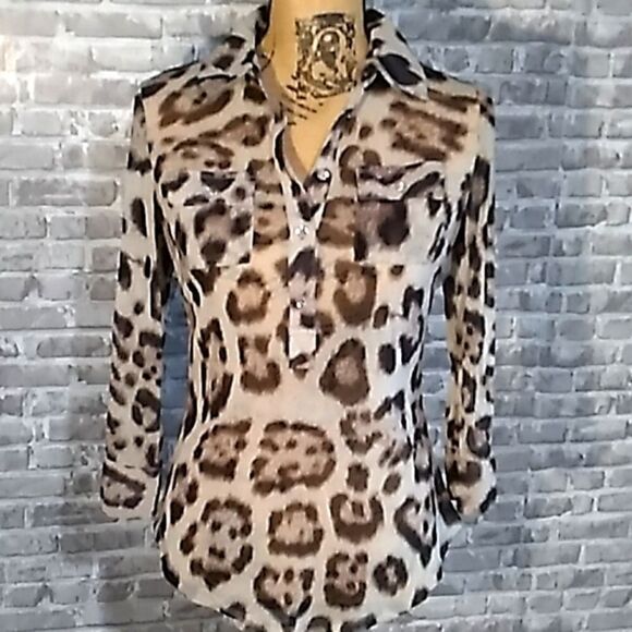 INC International Concepts sheer animal print button up blouse - Picture 7 of 14